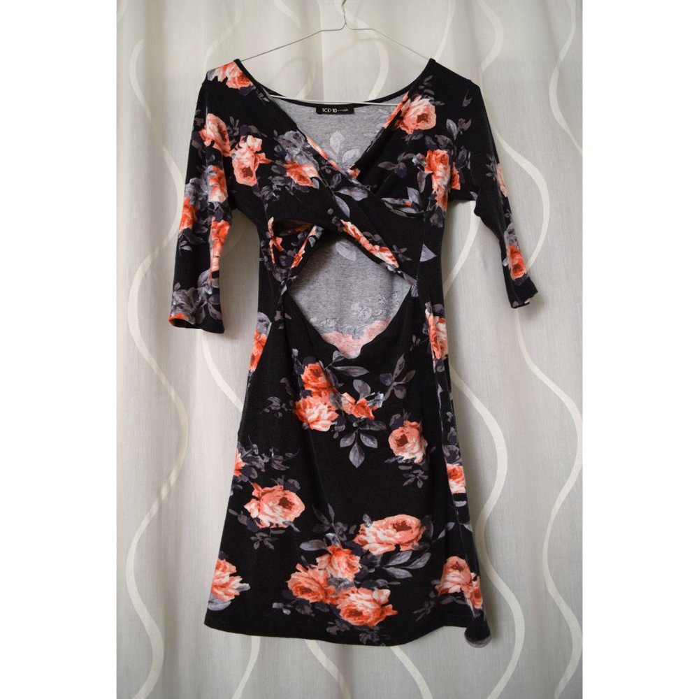 Black Rose Floral Cutout 3/4 Sleeve Bodycon Mini Dress